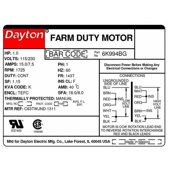 Dayton Farm Duty Mtr,Cap Start,TEFC,1HP,1725rpm 6K994