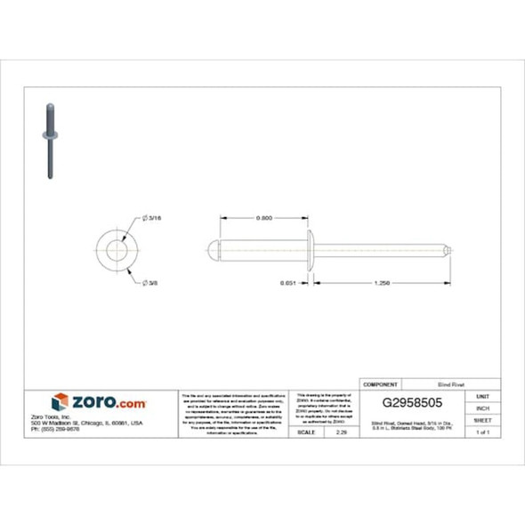 Blind Rivet, Dome Head, 3-16 in Dia., 51-64 in L, Stainless Steel Body, 100 PK  SSD610SSBS203