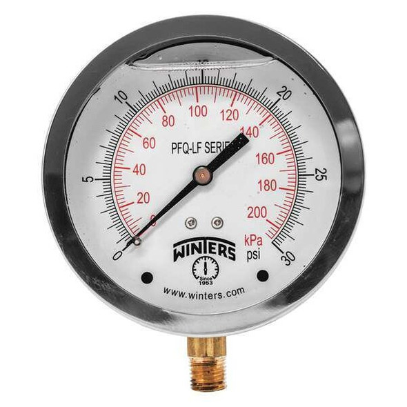 Lead-Free Pressure Gauge, 0 to 30 psi, 4 in Dial, 1/4 in NPT, Bottom Location