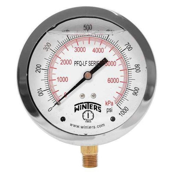 Lead-Free Pressure Gauge, 0 to 1,000 psi, 4 in Dial, 1/4 in NPT, Bottom Location
