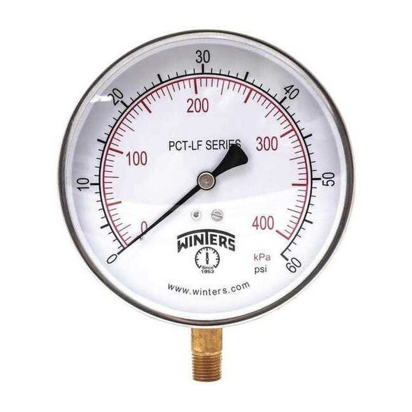Pressure Gauge, 0 to 60 psi, 4 1/2 in Dial, 1/4 in NPT Bottom Location