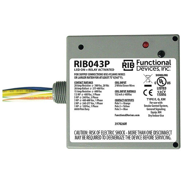 Functional Devices-Rib Enclosed Pre-Wired Relay,20A at 300VAC,3PST RIB043P