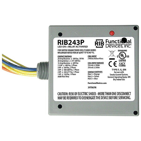 Functional Devices-Rib Enclosed Pre-Wired Relay,20A at 300VAC,3PST RIB243P