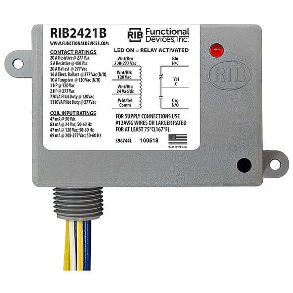 Functional Devices-Rib Enclosed Pre-Wired Relay,20A at 277VAC,SPDT RIB2421B