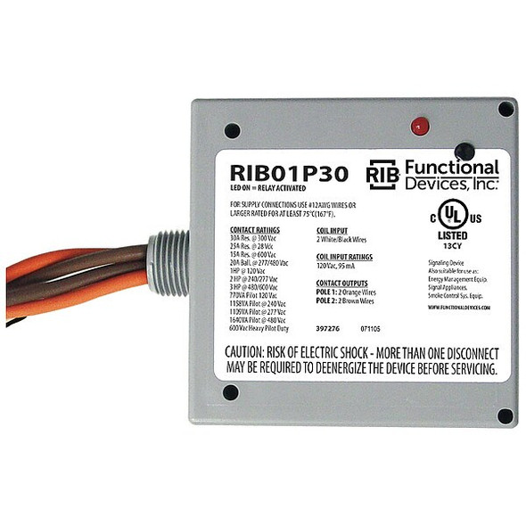 Functional Devices-Rib Enclosed Pre-Wired Relay,20A at 300VAC,DPST RIB01P30