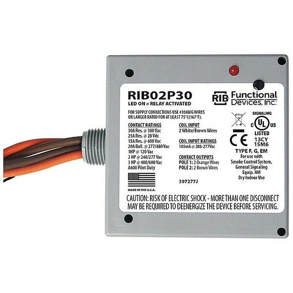 Functional Devices-Rib Enclosed Pre-Wired Relay,20A at 300VAC,DPST RIB02P30