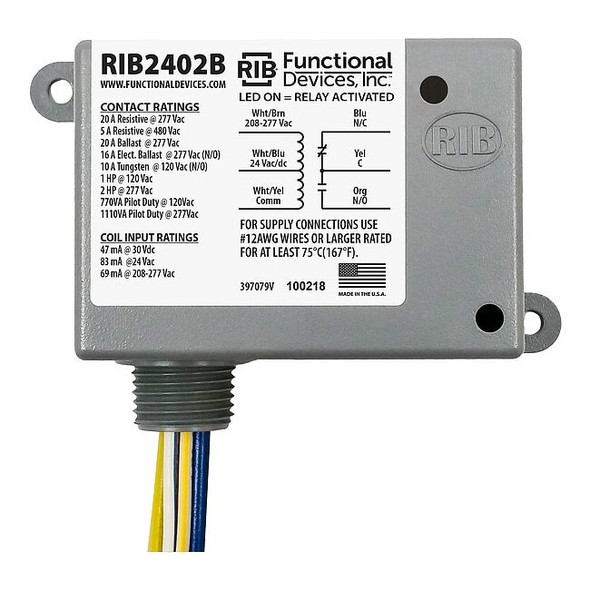Functional Devices-Rib Enclosed Pre-Wired Relay,20A at 277VAC,SPDT RIB2402B
