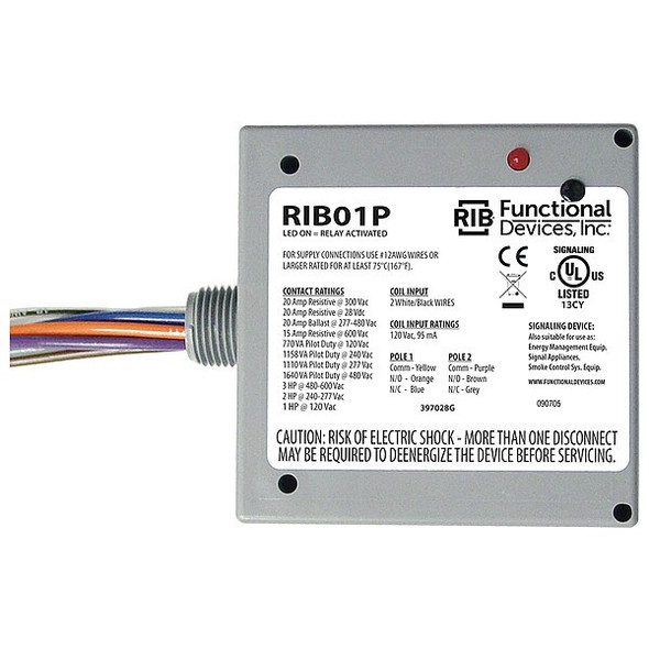 Functional Devices-Rib Enclosed Pre-Wired Relay,20A at 300VAC,DPDT RIB01P