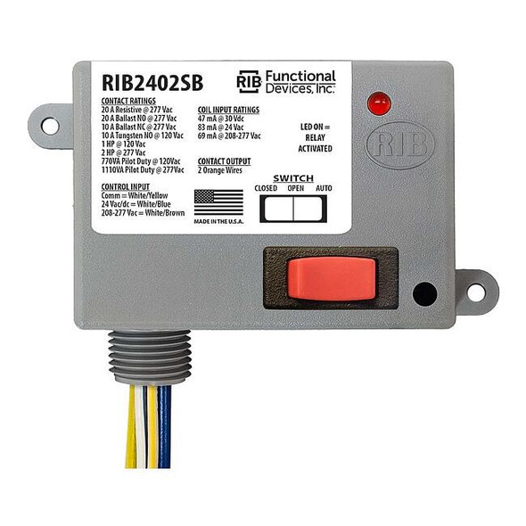 Functional Devices-Rib Enclosed Pre-Wired Relay,20A at 277VAC,SPST RIB2402SB