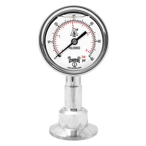 Pressure Gauge, 0 to 100 psi, 2 1/2 in Dial, 1 1/2 in Tri-Clamp, Bottom Location