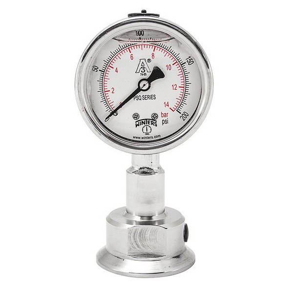 Pressure Gauge, 0 to 200 psi, 2 1/2 in Dial, 1 1/2 in Tri-Clamp, Bottom Location