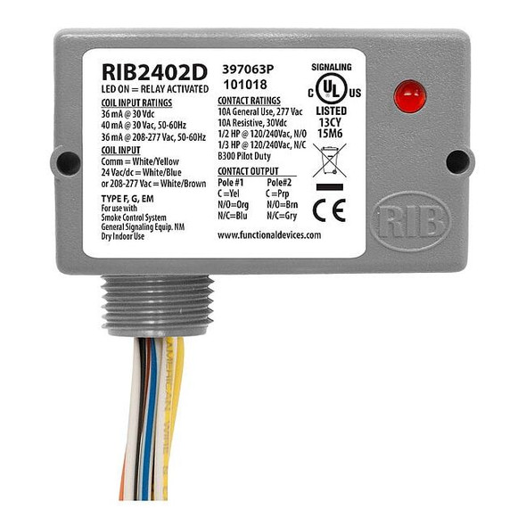 Functional Devices-Rib Enclosed Pre-Wired Relay,10A at 30VDC,DPDT RIB2402D