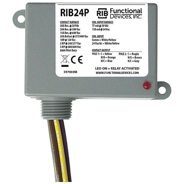 Functional Devices-Rib Enclosed Pre-Wired Relay,20A at 300VAC,DPDT RIB24P