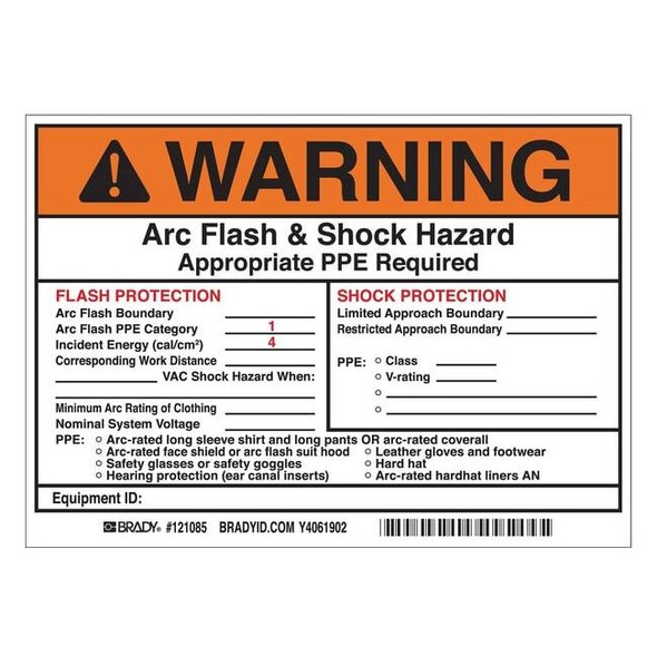 Brady Arc Flash Protection Label,5 In. H,PK5, 121085 121085