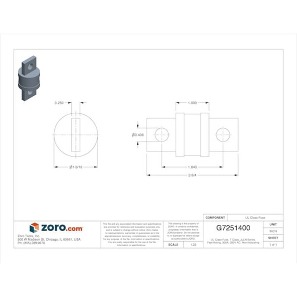 UL Class Fuse, T Class, Fast-Acting, 300A, 300V AC, Non-Indicating  JLLN300