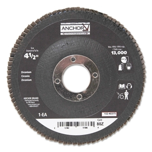 Abrasive High Density Flap Discs, 4-1/2 in Dia, 80 Grit, 7/8 in Arbor, 12,000 rpm