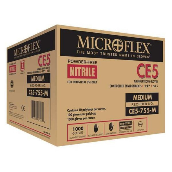 Cleanroom Gloves, 5 ISO Class, Nitrile, 11 1-2 in L, 3.9 mil, White, M, 1000 PK  CE5-755