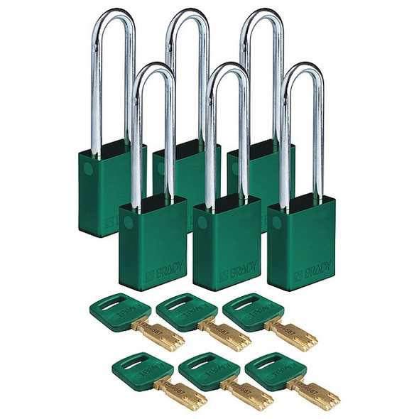 Brady Lockout Padlock,Green,1-1/2" W Body,PK6 ALU-GRN-76ST-KD6PK Brady Lockout Padlock,Green,1-1/2" W Body,PK6 ALU-GRN-76ST-KD6PK