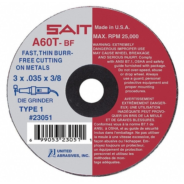 Abrasive Cut-Off Wheel, Type 1, 3 in Dia, 0.035 in Thick, 3/8 in Arbor Hole Size, Aluminum Oxide