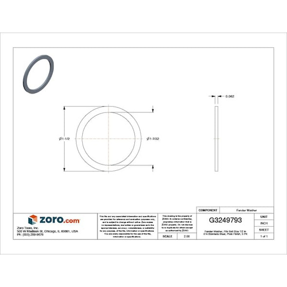 Fender Washer, For Screw Size 1/2" ,316 Stainless Steel Plain Finish, 5 PK