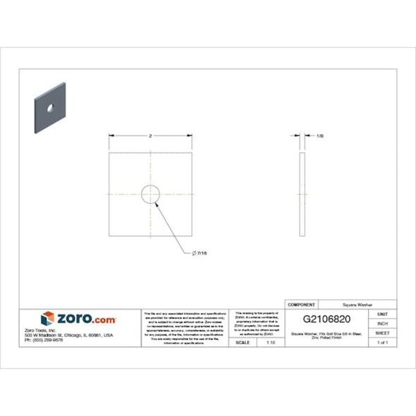 Square Washer, Fits Bolt Size 3-8 in ,Low Carbon Steel Zinc Plated Finish  Z8927-ZN