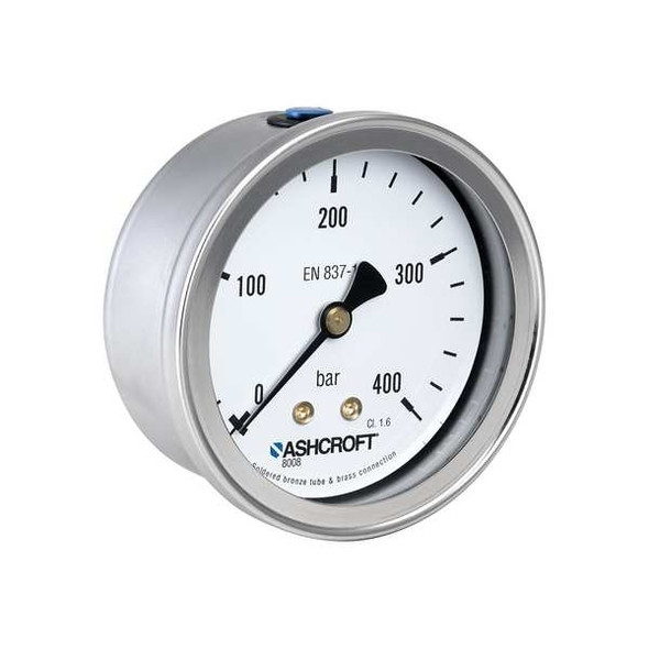 Pressure Gauge, 0 to 60 psi psi, 2 1/2 in Dial, 1/4 in NPT, Center Back Location