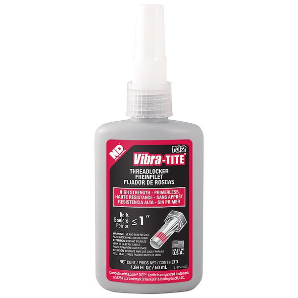 Primerless Threadlocker, VIBRA-TITE 132, Red, High Strength, Liquid, Bottle
