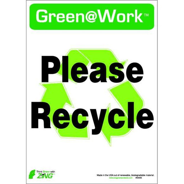 Green at Work, Please Recycle, 10 in W x 7 in H, Horizontal Rectangle, Plastic
