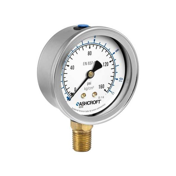 Pressure Gauge, 0 to 8,000 psi psi, 2 1/2 in Dial, 1/4 in NPT, Bottom Location