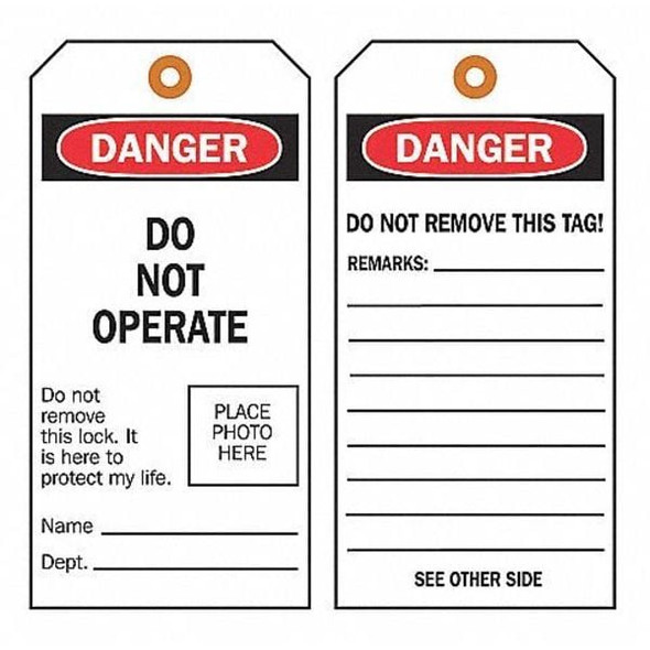 Brady Warning Tag, Warning Tags, Polyester, 7 in H x 4 in W, Black, Orange, Rectangle, 10 PK 86515