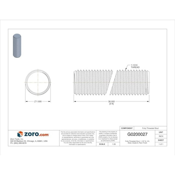 Fully Threaded Stud, 1-1-2"-6, 3 ft, Steel, Grade 8, Plain Finish  2022963