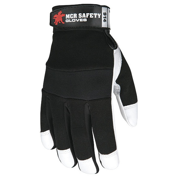 Mcr Safety 914 Mechanics Gloves, Goatskin Palm, Spandex Back, 3XL, Black/White 914XXXL