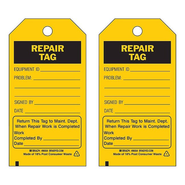 Tag, Safety, Polyester, 5 3/4 in H x 3 in W, Black on Yellow, Rectangle, 10 PK