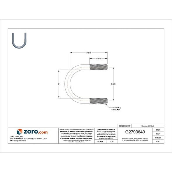 Round U-Bolt, 3-8"-16, 2 in W, 2 5-8 in H, Zinc Plated Steel, 10 PK  U17243.037.0150