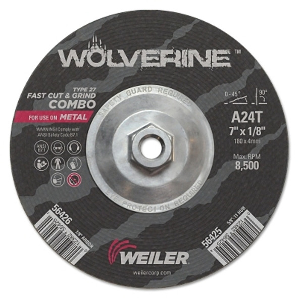 Wolverine Combo Wheels, 7 in Dia, 1/8 in Thick, 5/8 in Arbor, 24 Grit, T