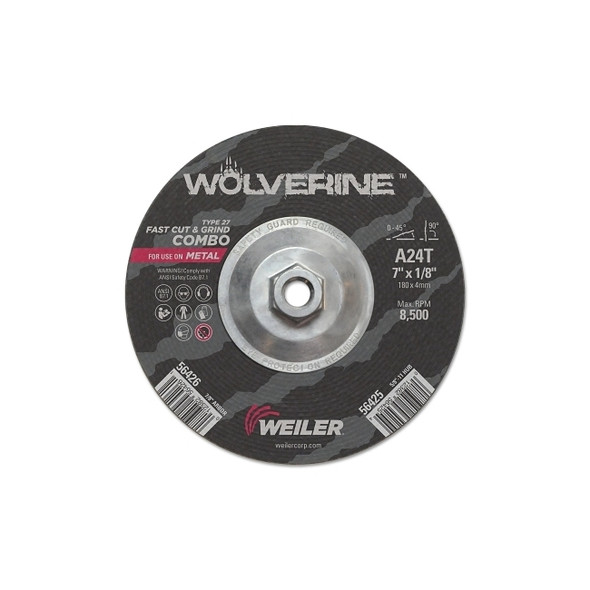 Wolverine Combo Wheels, 7 in Dia, 1/8 in Thick, 5/8 in Arbor, 24 Grit, T
