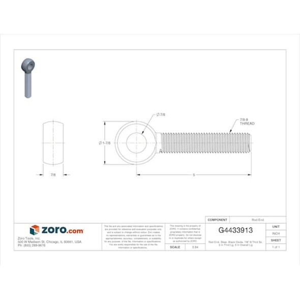 Rod End, Steel, Black Oxide, 7-8"-9 Thrd Sz, 5 in Thrd Lg, 5 in Overall Lg  8C-MACH