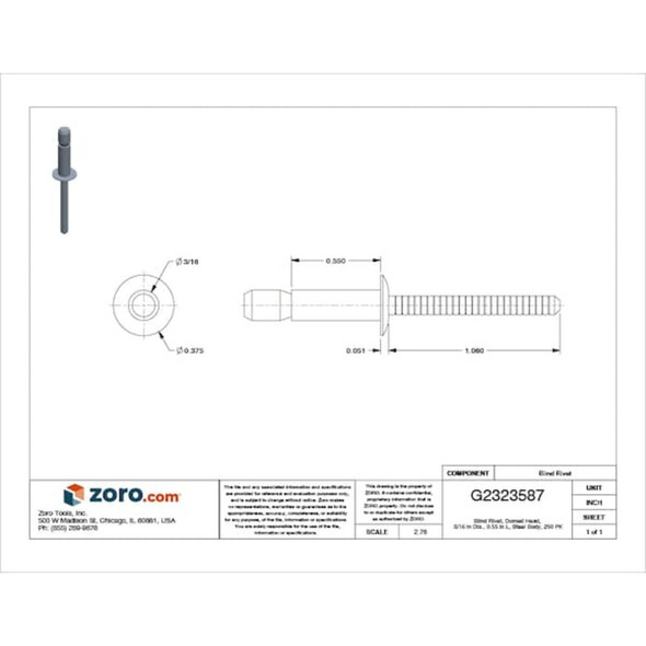 Blind Rivet, Dome Head, 3-16 in Dia., 35-64 in L, Steel Body, 250 PK  SD66BS200