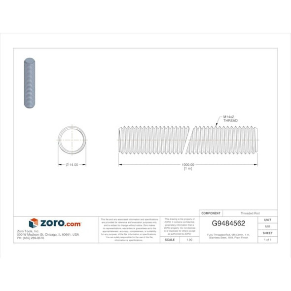 Fully Threaded Rod, M14-2mm, 1 m, Stainless Steel, 18-8, Plain Finish  M51070.140.1000