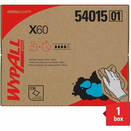 WypAll X60 Dry Wipe, 11 in x 16 3/4 in, White, Dispenser Box, 236 Sheets