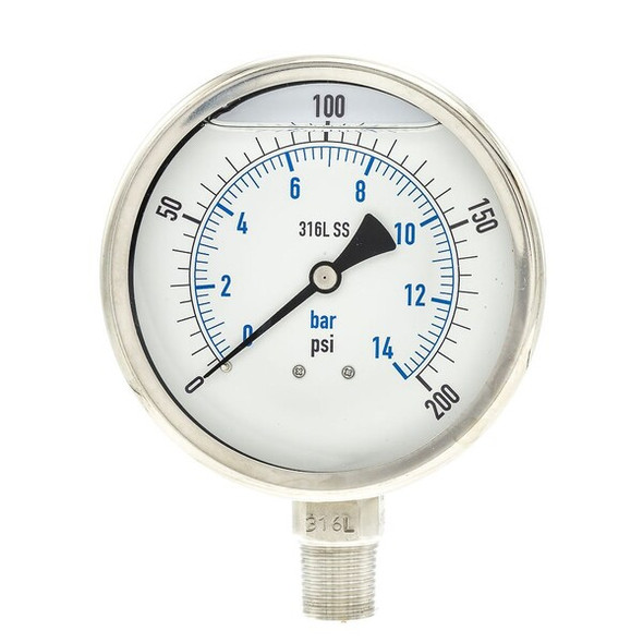 Industrial Pressure Gauge, 0 to 200 psi, 4 in Dial, 1/2 in NPT, Bottom Location