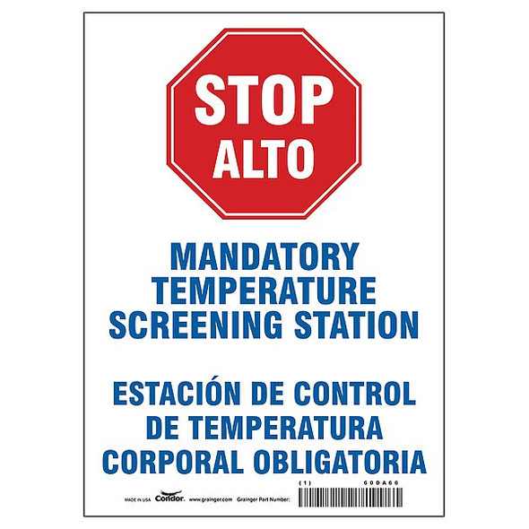 Temperature Screening Sign, 10" W x 14" H, English, Spanish, Aluminum, White
