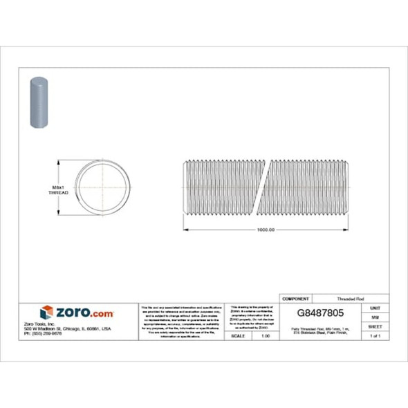 Fully Threaded Rod, M6-1mm, 1 m, Stainless Steel, 316, Plain Finish  57492