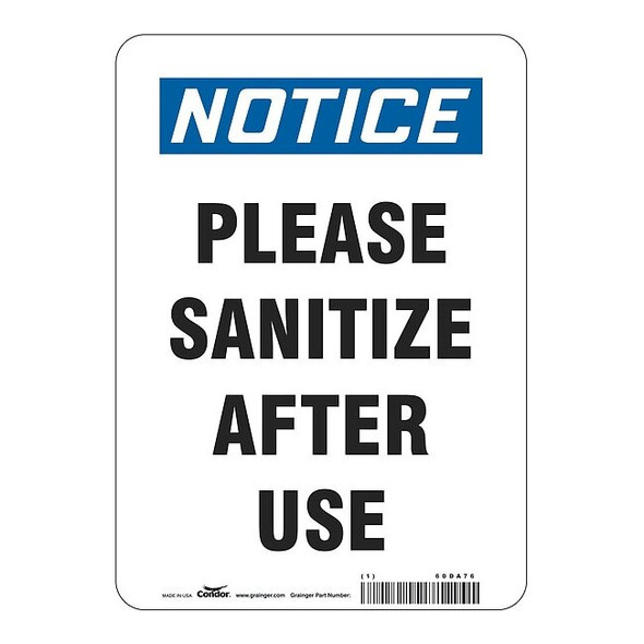 Please Sanitize After Use Sign, 10" W x 14" H, English, Polyester, White