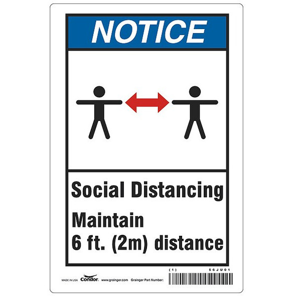Social Distancing  Sign, 10" W x 7" H, English, Polyester, Blue, White