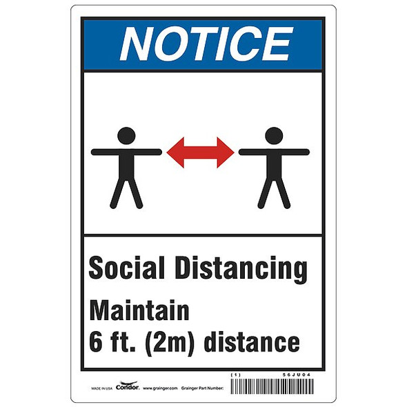 Social Distancing  Sign, 14" W x 10" H, English, Aluminum, Blue, White