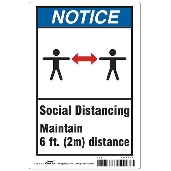Social Distancing  Sign, 10" W x 7" H, English, Polystyrene, Blue, White