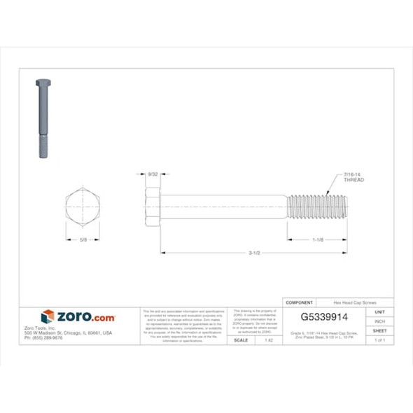 Grade 5, 7-16"-14 Hex Head Cap Screw, Zinc Plated Steel, 3-1-2 in L, 10 PK  U01200.043.0350