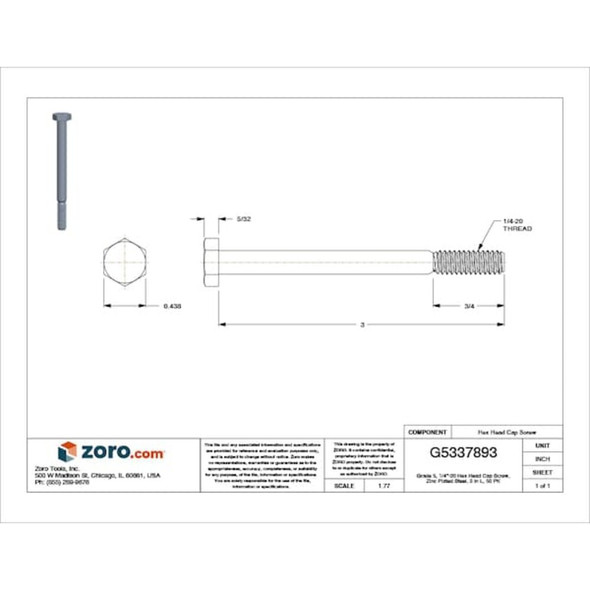 Grade 5, 1-4"-20 Hex Head Cap Screw, Zinc Plated Steel, 3 in L, 50 PK  U01200.025.0300