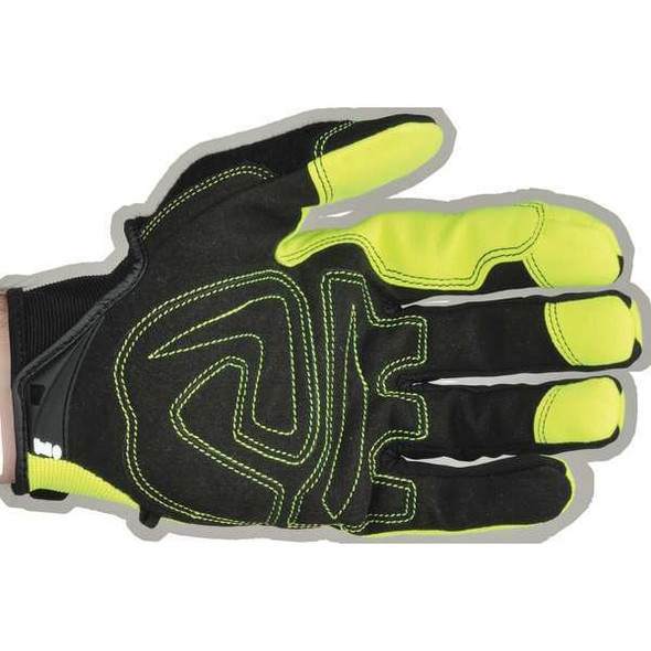 I-Viz(R) Hi-Vis Mechanics Gloves, Synthetic Leather Palm, Nylon, Spandex Back, 2XL, Green